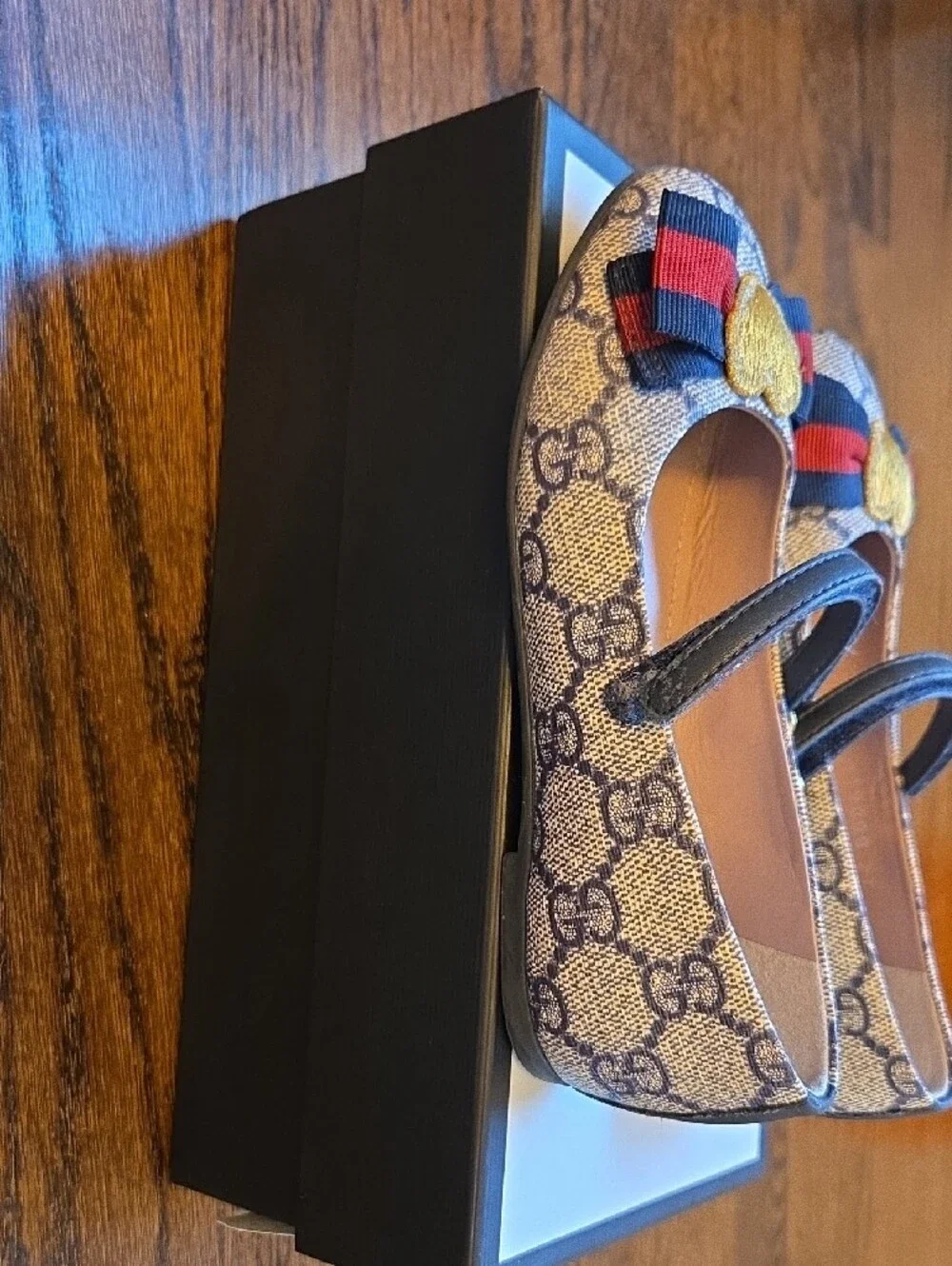Gucci Beige GG Supreme Mary Jane with Gold Heart and Red-Blue Bow